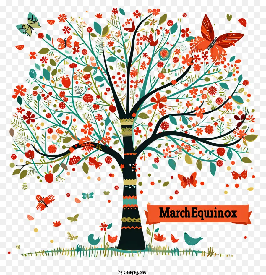 Équinoxe De Mars，Arbre Avec Des Fleurs Et Des Papillons PNG