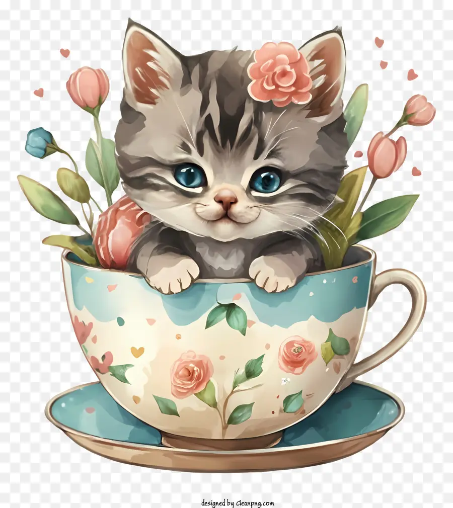 Dessin Animé，Chaton Dans Une Tasse De Thé PNG