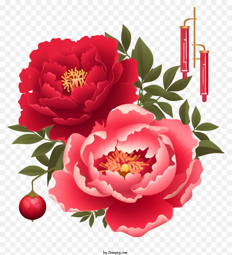 Flat Chinois Nouvel An Pivoine，Pivoines Rouges PNG