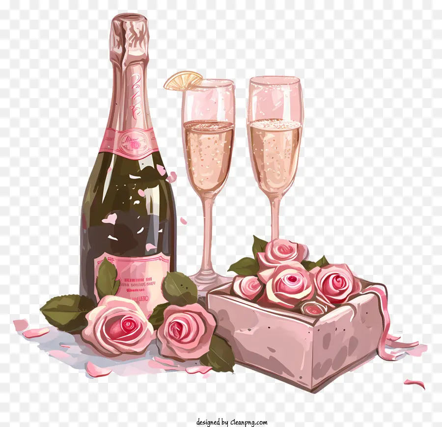 Champagne De La Saint Valentin，Bouquet De Roses PNG