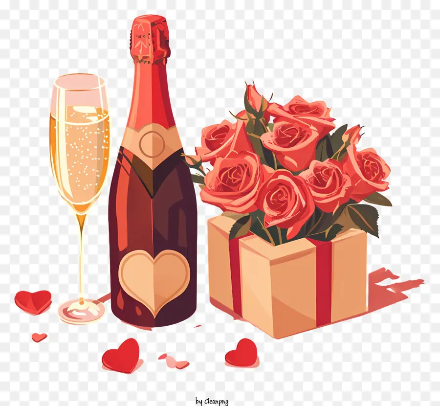 Champagne De La Saint Valentin，Bouquet De Roses Rouges PNG