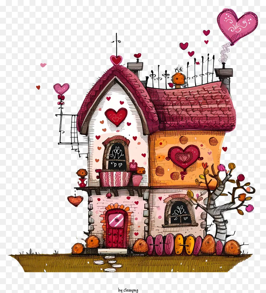 Doodle Valentine House，Maison Avec Une Forme De Coeur PNG