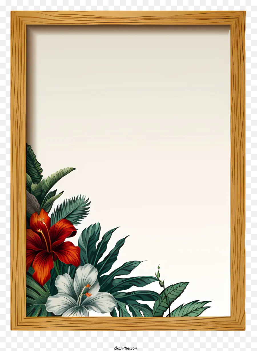 Cadre Photo Dessiné à La Main，Cadre En Bois Avec Fleurs Tropicales PNG