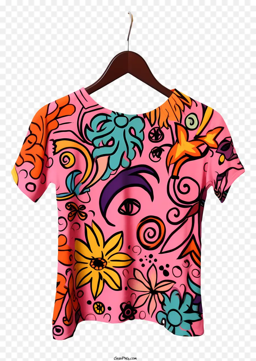 T Shirt De Style Doodle Sur Le Cintre En Tissu，Design Rose Et Orange PNG