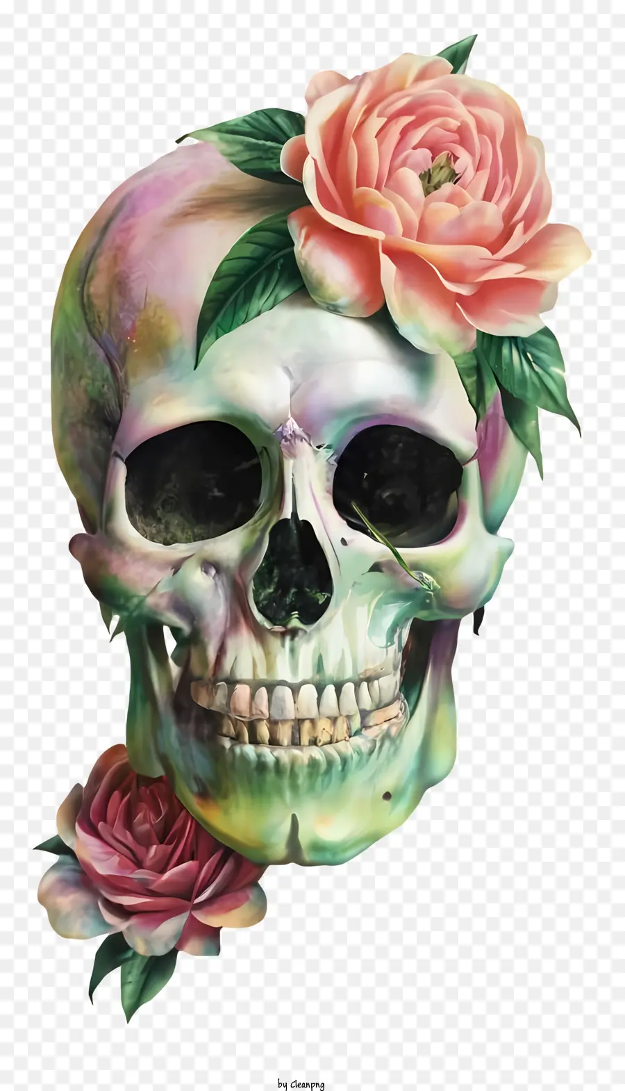 Dessin Animé，Crâne Avec Des Roses PNG