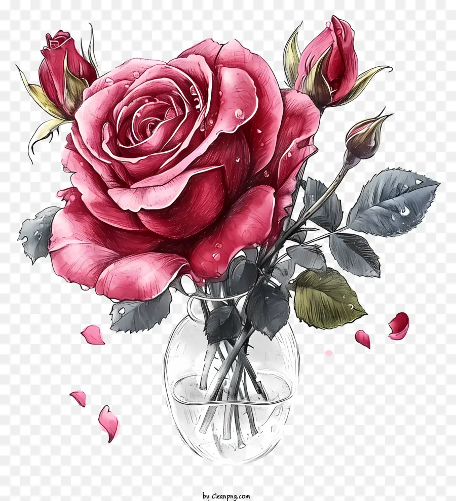 Rose Saint Valentin Dessinée à La Main，Rose Dans Un Vase PNG