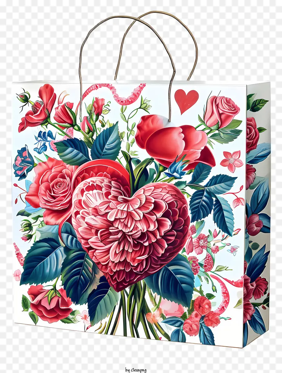 Sac Cadeau De La Saint Valentin，Bouquet Floral Rose Et Rouge PNG