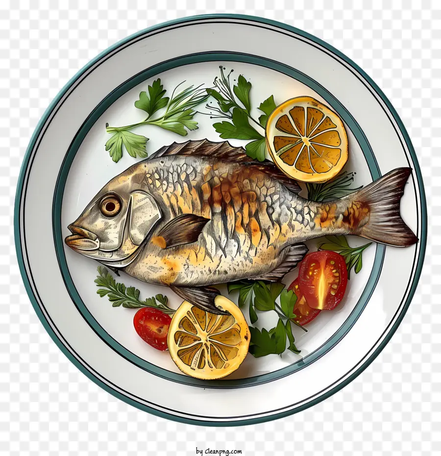 Plat De Poisson Dessiné à La Main，Poisson Avec Tranche D'orange PNG