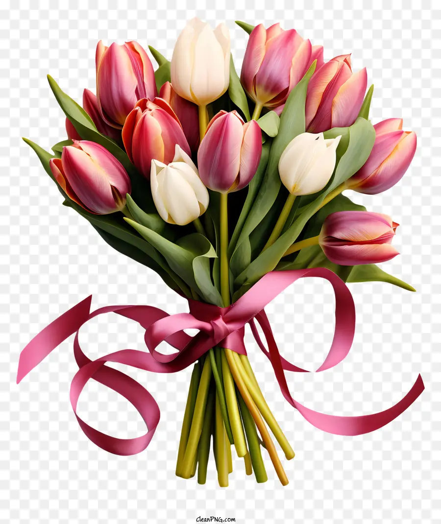 Bouquet De Tulipes De Style Réaliste，Tulipes Roses Et Blanches PNG