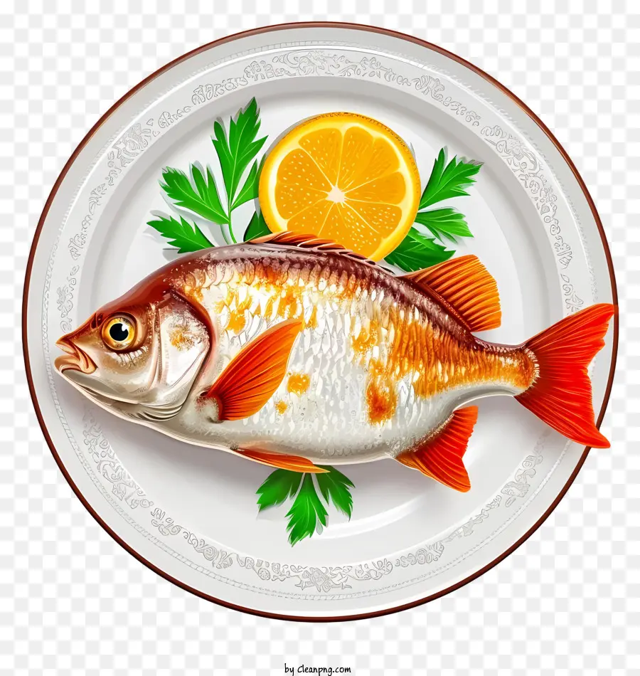 Plat De Poisson De Dessin Animé，Poisson Avec Tranche D'orange PNG