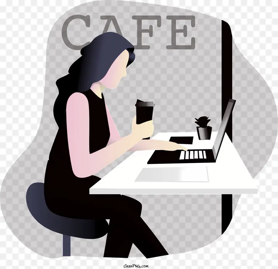 Café，Femme Tapant Sur Ordinateur Portable PNG
