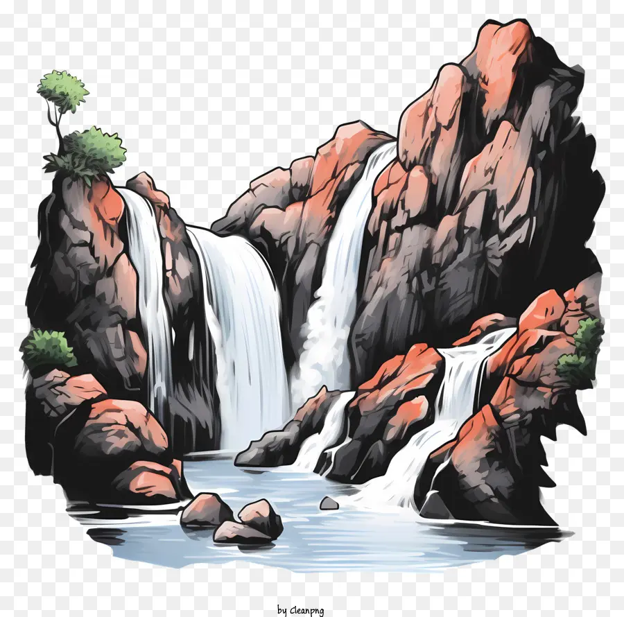Sketch Style Waterfall，Falaise Rocheuse PNG
