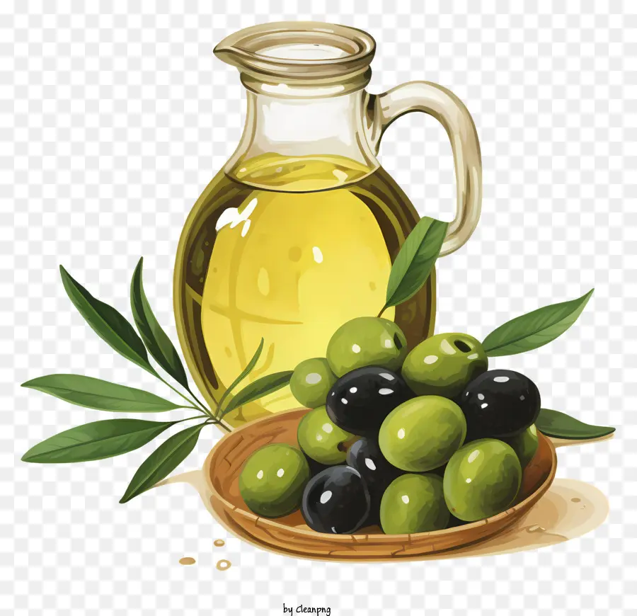 Olives Vertes Aquarelles Dans Le Pot，L'huile D'olive PNG