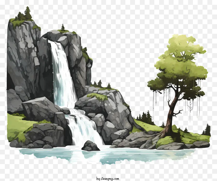 Sketch Style Waterfall，Peinture En Cascade PNG