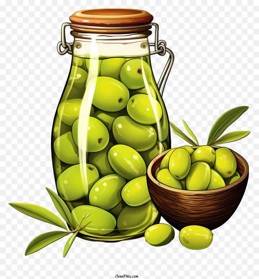 Olives Vertes De Style Doodle En Pot，Bocal En Verre PNG