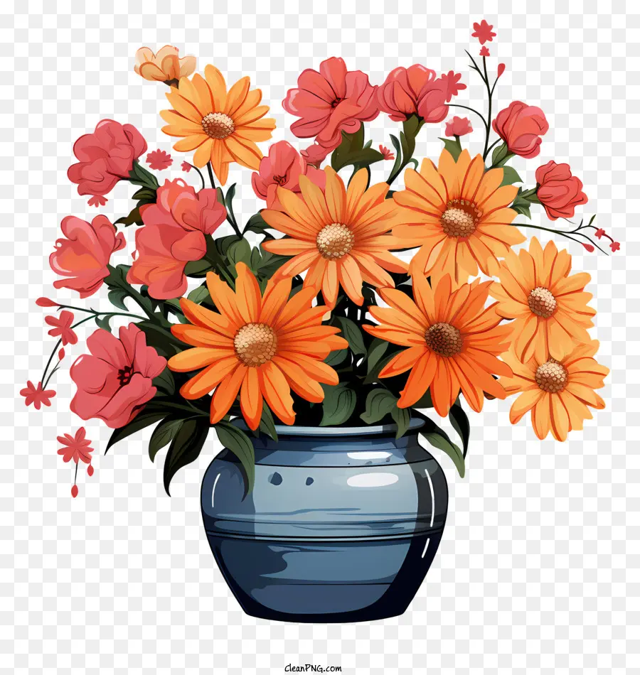 Fleur Dessinée à La Main Dans Le Vase，Fleurs Orange Et Rose PNG