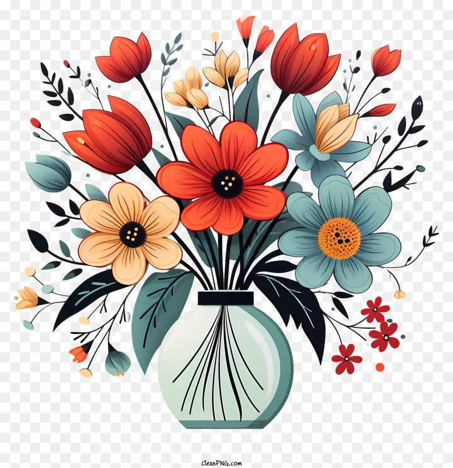 Fleur De Style Doodle En Vase，Bouquet De Fleurs Coloré PNG