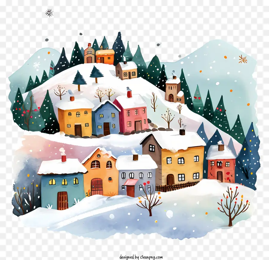 Village De Montagne D'hiver，Illustration Aquarelle PNG