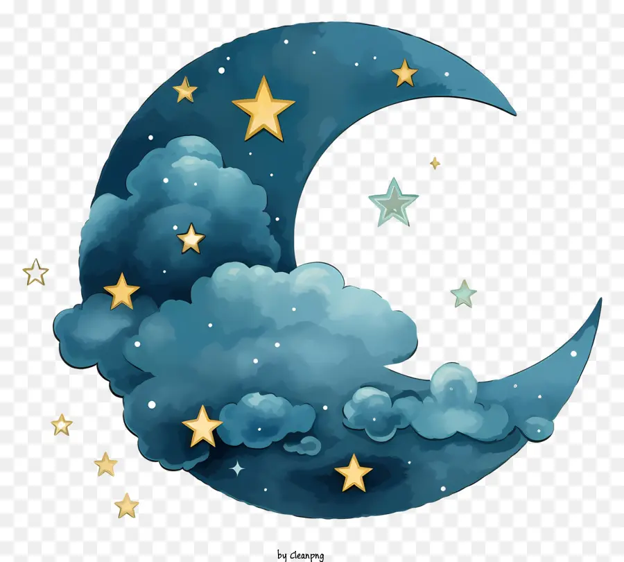 Lune Et étoiles Aquarelles，Croissant De Lune PNG