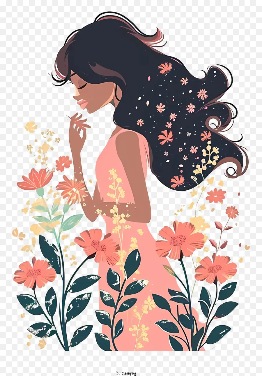 Femme Et Fleurs Simpliste Vecteur，Fille Avec Des Fleurs PNG