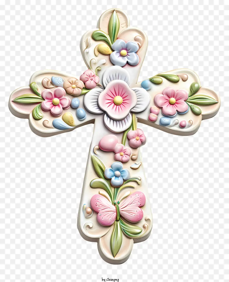 Bonne Croix De Pâques，Traverser Avec Des Fleurs Colorées PNG