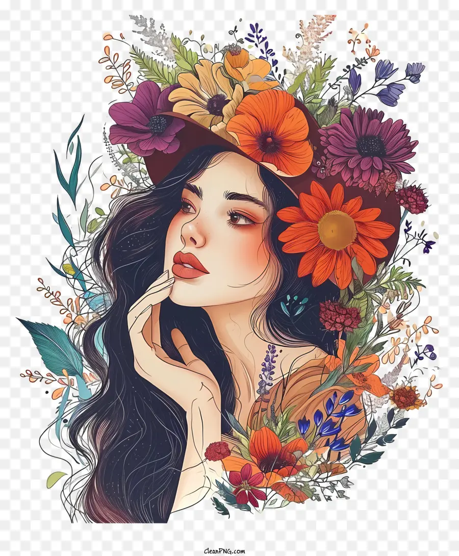 Luxuriant Et Détaillé，Femme Avec Des Fleurs PNG