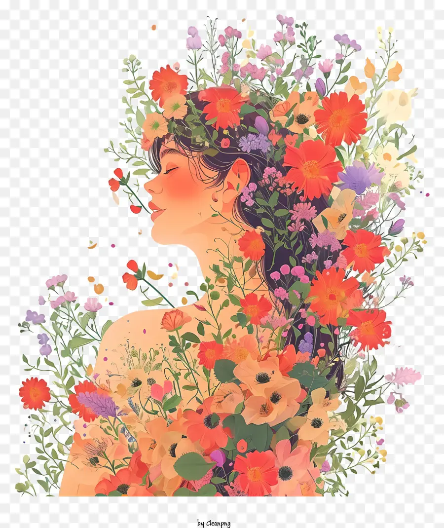 Femme Plate Et Fleurs，Femme Aux Longs Cheveux Bouclés PNG