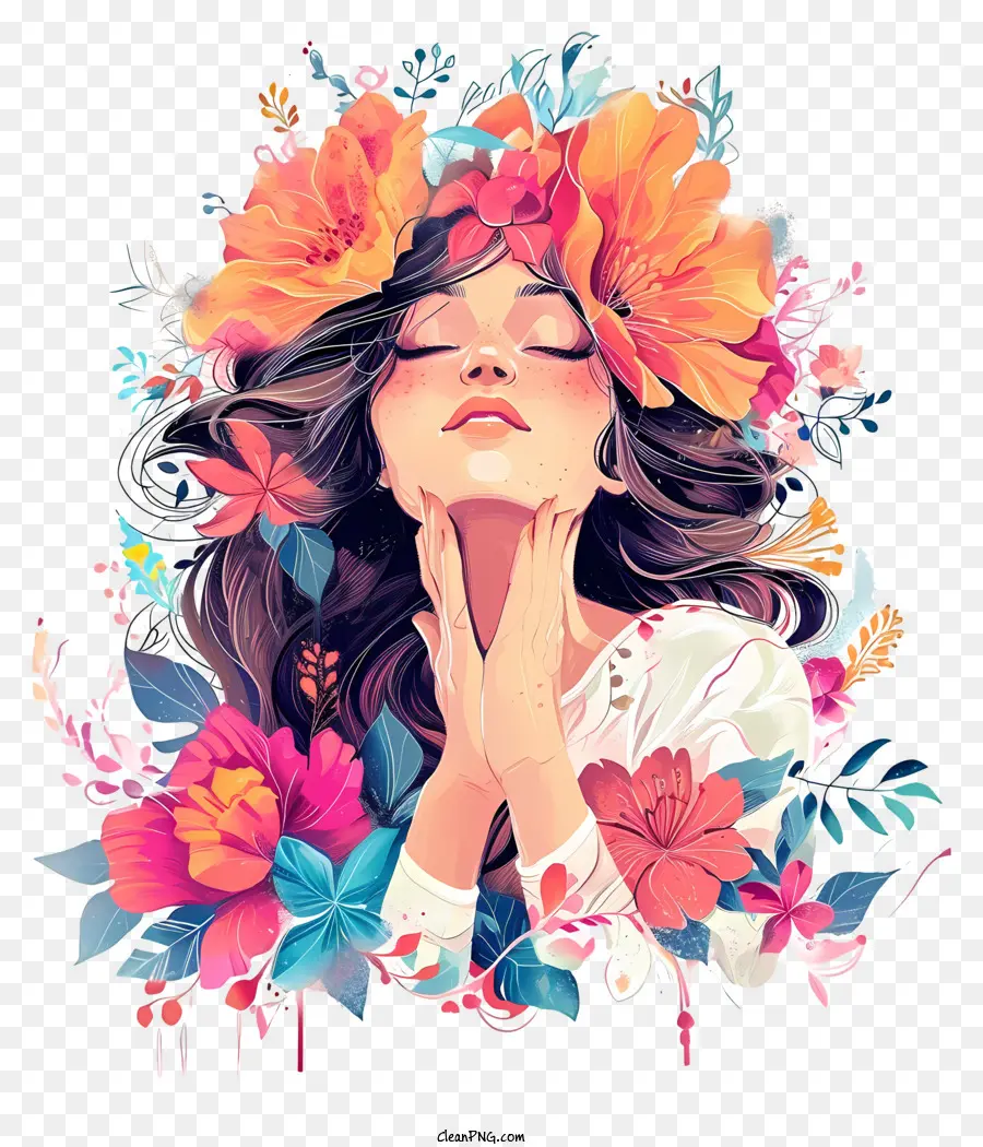 Design Graphique Audacieux Et Coloré，Femme Aux Fleurs PNG