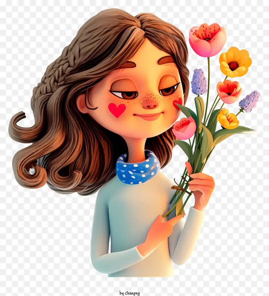 Dessin Animé 3d Femme Et Fleurs，Bouquet De Tulipes PNG