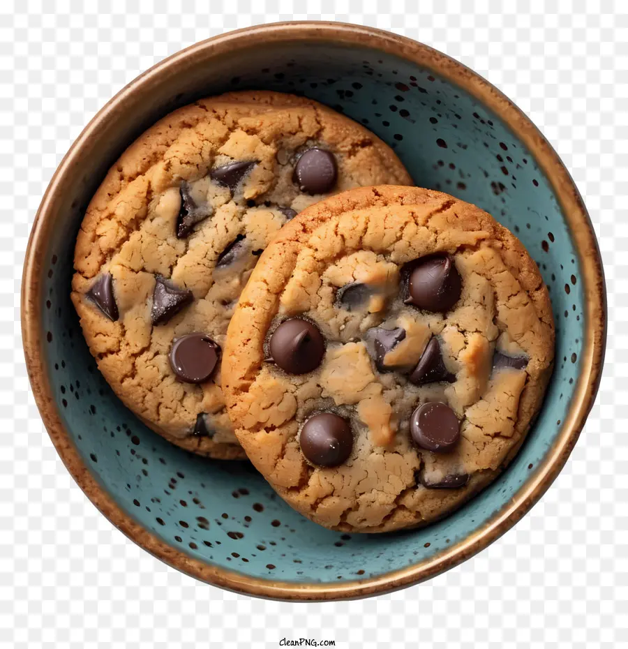 Biscuits Aux Pépites De Chocolat Dans Le Bol，Bol En Céramique Bleu PNG