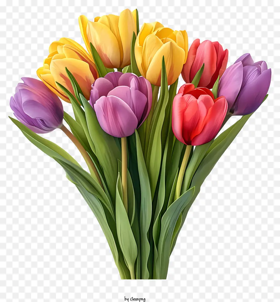 Bouquet De Tulipes à Aquarelle，Arrière Plan Noir PNG