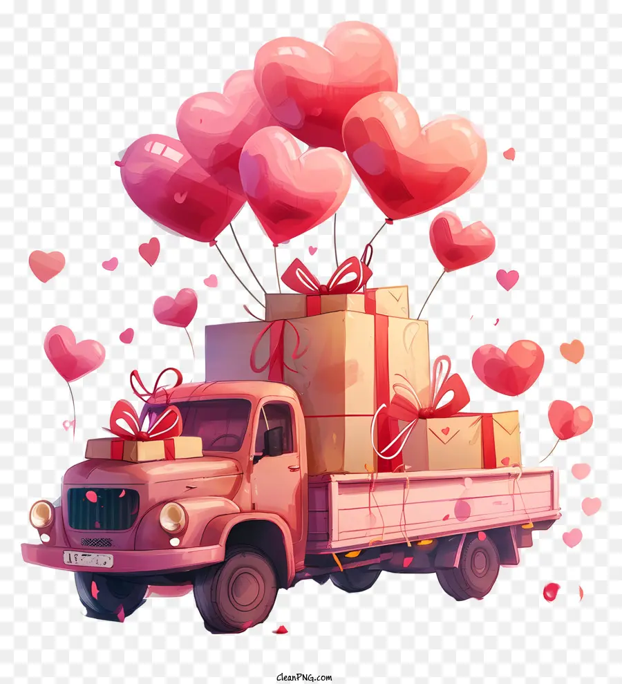 Livraison De Cadeaux Pour La Saint Valentin，Camion Rose Avec Ballons Coeur PNG