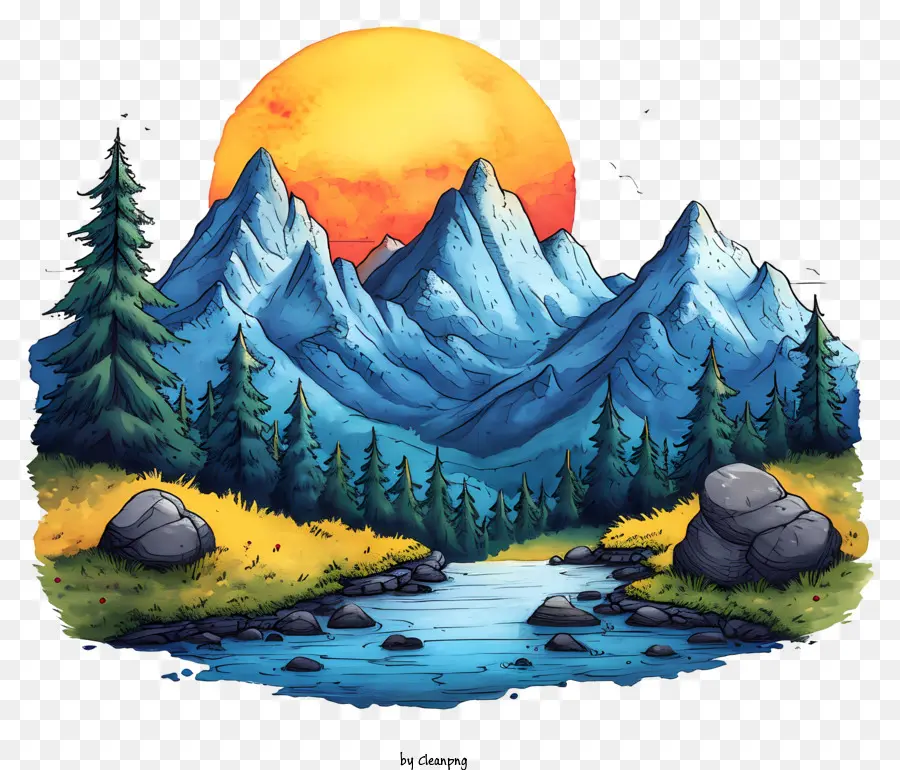 Montagnes De Dessin Animé，Ruisseau De Montagne PNG