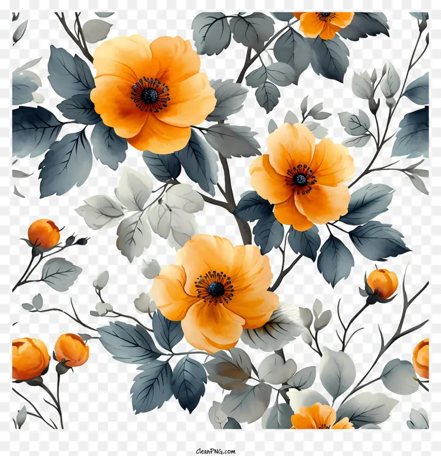 Fond De Motif Floral，Fleurs Oranges PNG