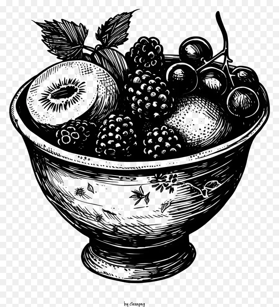 Bol De Fruits Dessiné à La Main，Illustration En Noir Et Blanc PNG
