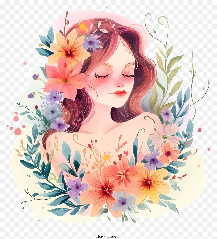 Femme Aquarelle Et Fleurs，Peinture Numérique PNG