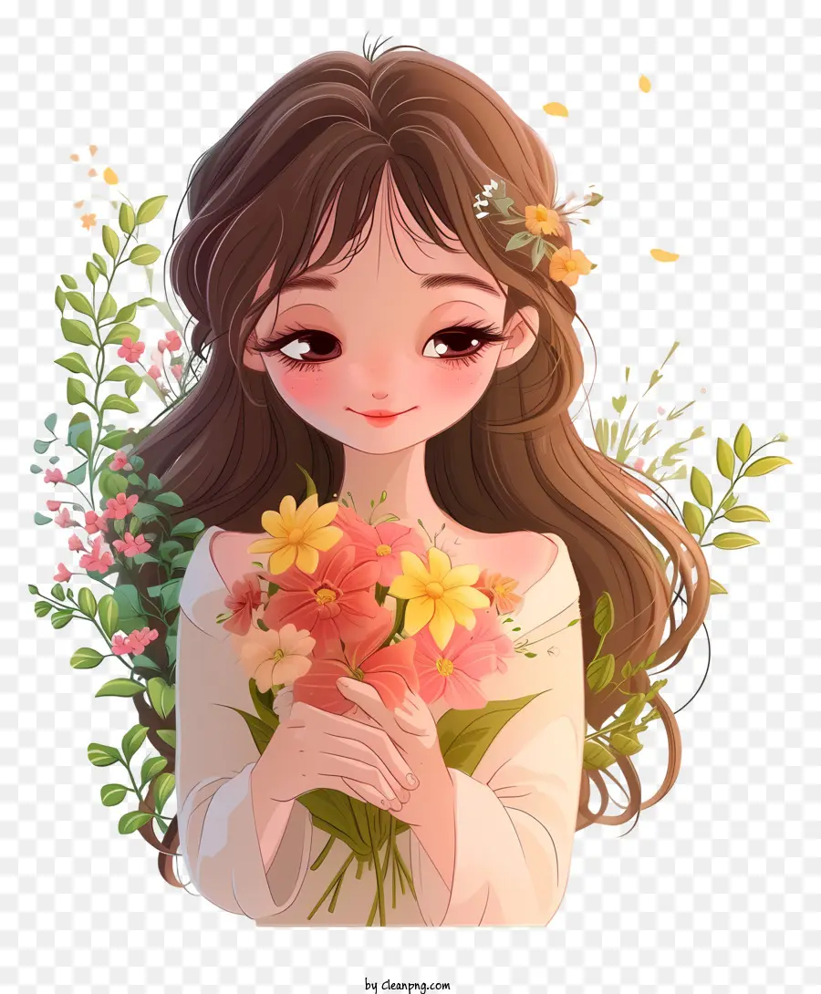 Dessin Animé 3d Femme Et Fleurs，Jeune Fille PNG