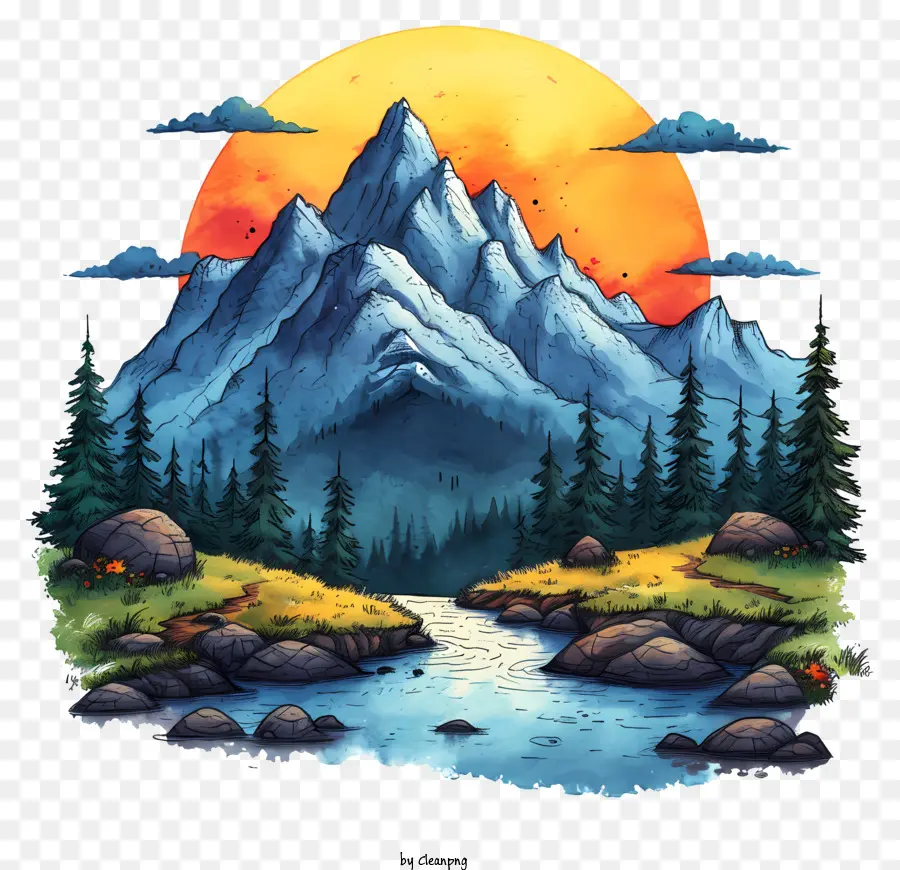 Montagnes De Dessin Animé，Lac De Montagne PNG