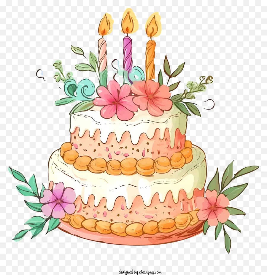 Gâteau Et Fleurs D'anniversaire De Dessin Animé，Gâteau D'anniversaire PNG