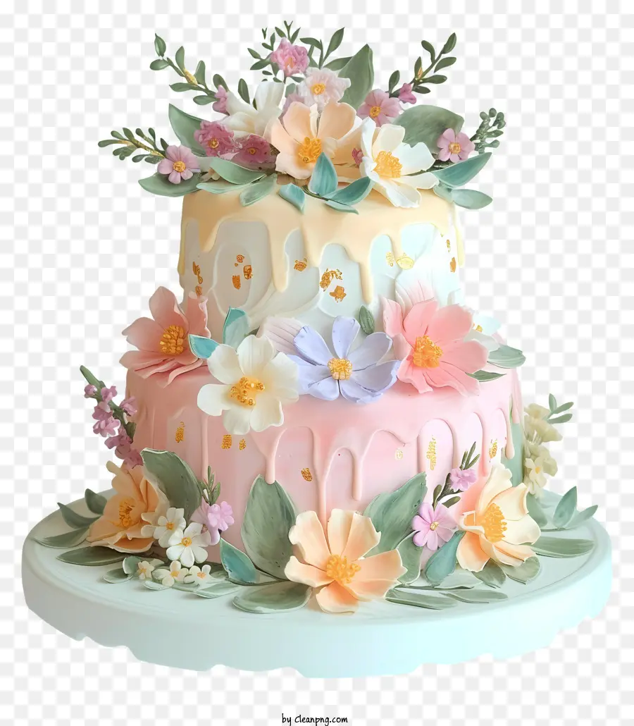 Gâteau D'anniversaire Pastel Et Fleurs，Gâteau De Mariage PNG