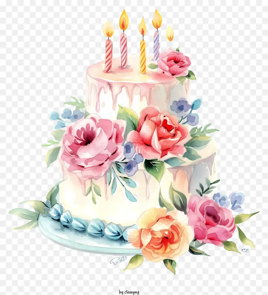 Gâteau D'anniversaire Aquarelle Et Fleurs，Gâteau D'anniversaire PNG