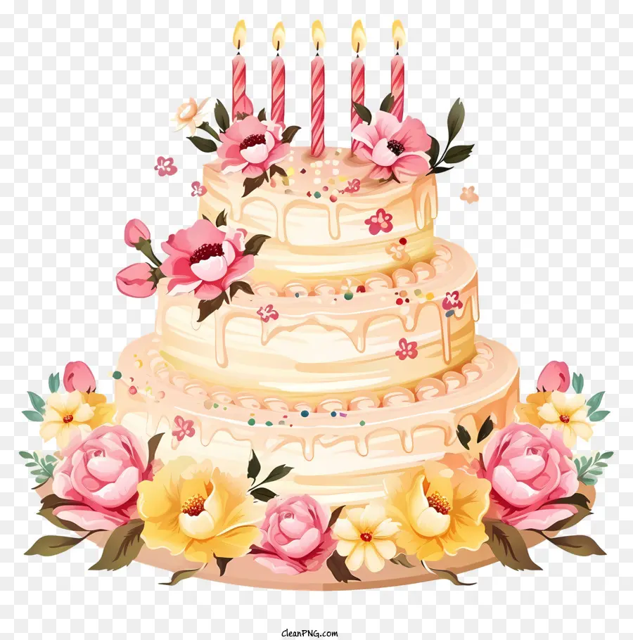 Gâteau D'anniversaire De Dessin Animé Et Fleurs，Gâteau D'anniversaire PNG