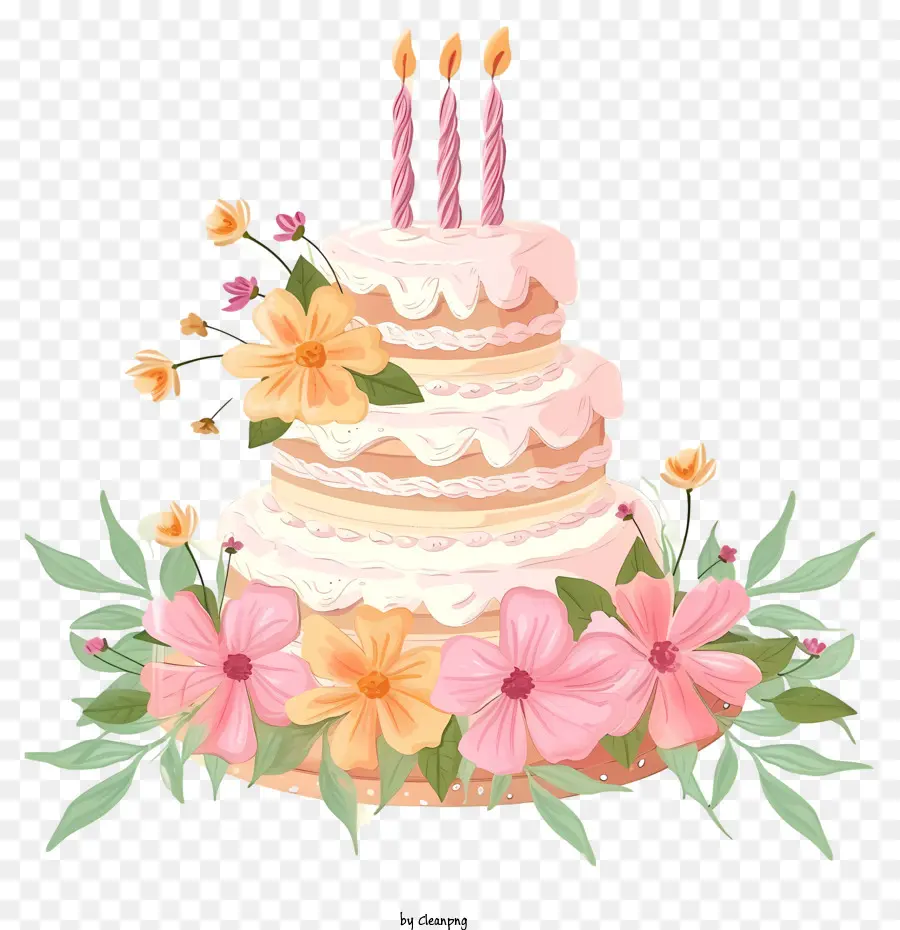 Gâteau Et Fleurs D'anniversaire De Dessin Animé，Gâteau D'anniversaire PNG
