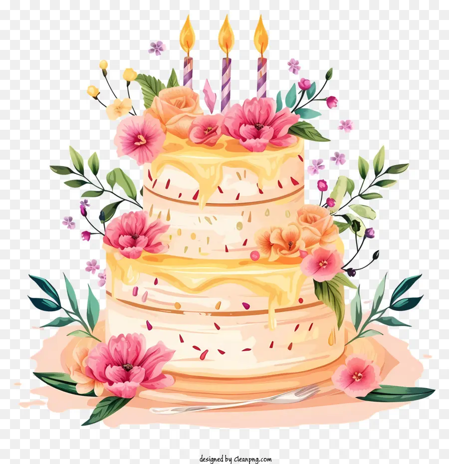 Gâteau D'anniversaire Et Fleurs Dessin Vectoriel，Gâteau D'anniversaire PNG