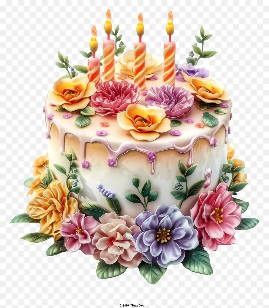 Gâteau D'anniversaire Et Vecteur De Fleurs 3d，Gâteau D'anniversaire PNG