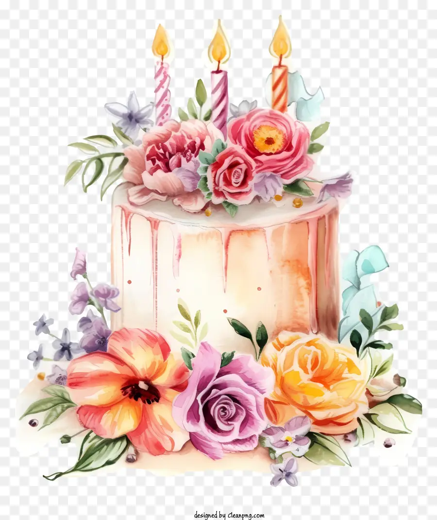Gâteau D'anniversaire Aquarelle Et Fleurs，Gâteau D'anniversaire PNG
