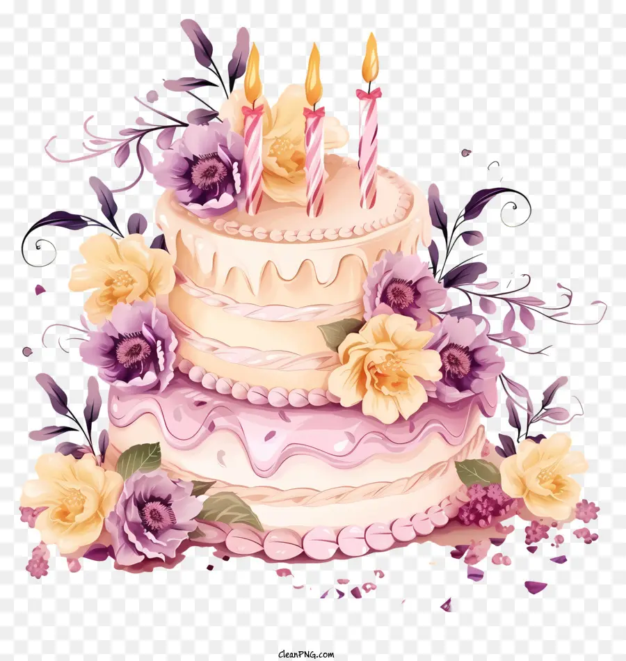 Gâteau D'anniversaire Et Fleurs Vector Draw Design，Gâteau D'anniversaire PNG