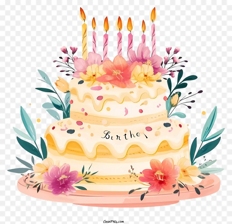 Gâteau Et Fleurs D'anniversaire De Dessin Animé，Gâteau D'anniversaire PNG