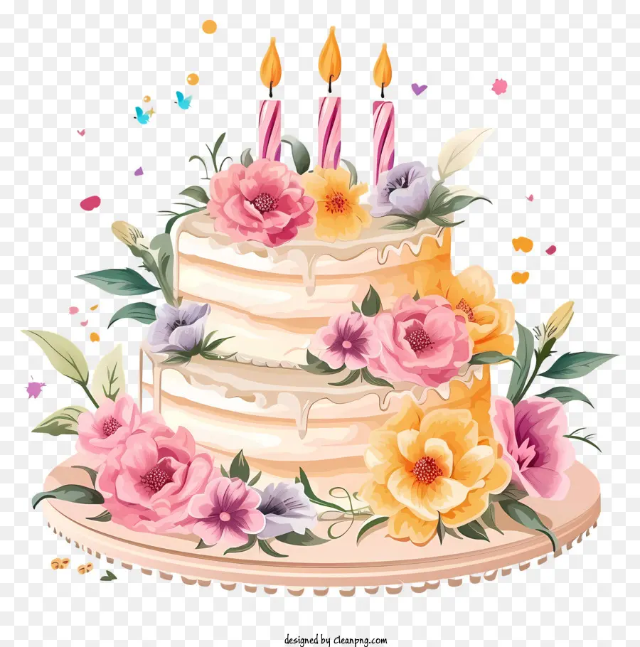 Gâteau D'anniversaire Et Fleurs Vector Draw Design，La Description Est Utile PNG