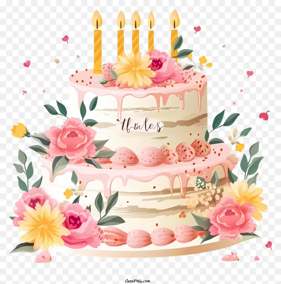 Gâteau D'anniversaire Plat Et Fleurs，Décoration De Gâteau PNG